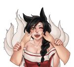  1girl ahri_(league_of_legends) anger_vein angry animal_ears artist_request bangs black_hair blush braid cheek_pinching cheek_pull collarbone embarrassed facial_mark fox_ears fox_girl hand_on_another&#039;s_cheek hand_on_another&#039;s_face hands_on_another&#039;s_cheeks hands_on_another&#039;s_face highres kitsune kumiho league_of_legends looking_at_viewer non-web_source open_mouth pinching pinching_cheek pov pulling_cheeks single_braid whisker_markings yellow_eyes 