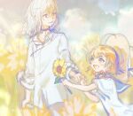  1boy 1girl accelerator_(toaru_majutsu_no_index) ahoge albino ambiguous_gender bangs black_choker blue_sailor_collar blue_sky blurry blurry_background blush brown_eyes brown_hair cane choker clouds collared_shirt dappled_sunlight dress electrodes female_child field flower flower_field grey_pants hair_between_eyes hat highres holding holding_cane holding_crutch holding_flower holding_hands last_order_(toaru_majutsu_no_index) looking_at_another medium_hair open_mouth painting_(medium) pants parted_lips red_eyes sailor_collar sailor_dress shirt short_hair signature sketch sky smile standing straw_hat sunflower sunlight tautiki toaru_majutsu_no_index traditional_media upper_body watercolor_(medium) white_hair white_shirt wide_shot 