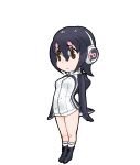 1girl black_hair boots brown_eyes closed_mouth gloves headphones highres hood hoodie humboldt_penguin_(kemono_friends) kemono_friends multicolored_hair official_art penguin_girl penguin_tail pink_hair short_hair simple_background socks solo tail transparent_background yoshizaki_mine zipper