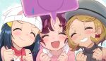  3girls :d bangs beanie blonde_hair blush chloe_(pokemon) clenched_hands closed_eyes closed_mouth commentary_request eyelashes grey_headwear grey_sweater_vest grin h_renah hands_up hat hikari_(pokemon) multiple_girls open_mouth pink_scarf pokemon pokemon_(anime) pokemon_journeys rotom rotom_phone scarf serena_(pokemon) smile sweat sweater_vest teeth white_headwear 