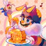  1boy bee bee_mario blue_eyes bug co_co_mg facial_hair food fork gloves holding holding_fork honey honeybee_(mario) licking_lips mario musical_note mustache pancake pancake_stack super_mario_bros. super_mario_galaxy tongue tongue_out white_gloves 