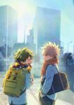  2boys backpack bag bangs blazer blonde_hair blurry blurry_background blush boku_no_hero_academia breath building car city commentary_request dated_commentary double_horizontal_stripe ear_blush embarrassed facing_another film_grain freckles from_behind green_hair green_pants ground_vehicle hand_in_pocket hand_up happy highres jacket leaning_forward long_sleeves looking_at_another looking_to_the_side male_focus midoriya_izuku motor_vehicle multicolored_clothes multicolored_scarf multiple_boys open_mouth orange_scarf outdoors pants partial_commentary profile red_eyes road scarf school_uniform scowl short_hair shoulder_bag slouching smile spiky_hair standing street striped striped_scarf tannoci teeth textless_version tree turning_head u.a._school_uniform upper_body upper_teeth_only yellow_bag 