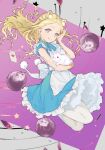  1girl alice_(alice_in_wonderland) alice_(toaru_majutsu_no_index) alice_in_wonderland animal_ears apron bare_arms blonde_hair blue_dress blue_eyes bow card collared_dress dress dress_bow feet_out_of_frame female_child floating floating_hair frilled_dress frills full_body grin hand_in_own_hair holding_rabbit jumping legs_up long_hair pantyhose playing_card pom_pom_(clothes) porcupine purple_background rabbit short_dress short_sleeves smile solo solo_focus tautiki toaru_majutsu_no_index white_apron white_pantyhose white_rabbit_(animal) 
