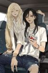  2girls black_hair blonde_hair bracelet brown_eyes car_interior chair denim holding holding_phone jewelry leaning_forward long_hair looking_at_viewer multiple_girls necklace phone qiu_tong ring shirt sitting spread_legs sq_(series) sun_jing tanjiu torn_clothes white_shirt yellow_eyes 