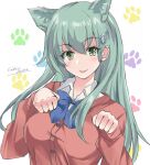  1girl animal_ears aqua_hair blue_bow blue_bowtie bow bowtie cat_ears collared_shirt dress_shirt extra_ears gakky green_eyes hair_ornament hairclip kantai_collection long_hair looking_at_viewer official_alternate_costume one-hour_drawing_challenge paw_pose paw_print pink_sweater school_uniform shirt solo suzuya_(kancolle) sweater white_background white_shirt 
