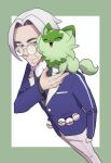  1boy clavell_(pokemon) clenched_hand closed_mouth commentary_request facial_hair glasses goatee grey-framed_eyewear grey_eyes hand_up highres jacket kisaki_(pixiv3016850) looking_to_the_side male_focus on_shoulder pants poke_ball pokemon pokemon_(creature) pokemon_(game) pokemon_on_shoulder pokemon_sv premier_ball purple_jacket round_eyewear shirt smile sprigatito 