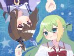  2girls admire_vega_(umamusume) alina_gray amane_hikari animal_ears aqua_eyes bangs bow bowtie brown_eyes brown_hair character_name closed_mouth crossover ear_covers green_hair hair_between_eyes highres horse_ears horse_girl long_hair looking_at_viewer lying magia_record:_mahou_shoujo_madoka_magica_gaiden mahou_shoujo_madoka_magica multicolored_hair multiple_girls on_back purple_bow purple_bowtie purple_shirt red_bow red_bowtie rotational_symmetry sailor_collar sailor_shirt sakae_general_school_uniform school_uniform serafuku shirt sidelocks smile streaked_hair summer_uniform tracen_school_uniform umamusume upside-down violet_eyes white_shirt 