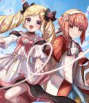  2girls :d bangs bare_shoulders black_bow blonde_hair blue_sky bow collarbone dress elise_(fire_emblem) elise_(valentine)_(fire_emblem) fire_emblem fire_emblem_fates fire_emblem_heroes flower hair_bow hair_flower hair_ornament hairband heart highres japanese_clothes kimono leon0630claude long_sleeves looking_at_viewer multicolored_hair multiple_girls official_alternate_costume open_mouth pink_bow pink_eyes pink_hair purple_hair sakura_(fire_emblem) sakura_(valentine)_(fire_emblem) sky smile twintails two-tone_hair violet_eyes white_dress white_hairband white_kimono wide_sleeves 