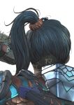  1girl apex_legends blue_hair blue_jacket close-up from_behind jacket orange_scrunchie rampart_(apex_legends) scrunchie side_ponytail simple_background solo white_background yogdyr 