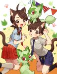  1boy 1girl :d :o ahoge animal_ears bangs blush braid breast_pocket brown_footwear brown_hair cat_boy cat_ears cat_girl cat_tail commentary_request eyelashes fang florian_(pokemon) hand_up highres juliana_(pokemon) looking_at_viewer necktie open_mouth orange_necktie orange_shorts pocket pokemon pokemon_(creature) pokemon_(game) pokemon_sv purple_necktie purple_shorts rii_(pixiv11152329) shoes short_hair shorts smile socks sprigatito tail tongue 