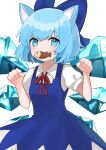  1girl animal_ears blue_dress blue_eyes blue_hair blush cat_ears cirno closed_mouth collared_shirt detached_wings dress fairy fang food food_on_face highres ice ice_wings machimo mouth_hold pinafore_dress puffy_short_sleeves puffy_sleeves red_ribbon ribbon shirt short_hair short_sleeves simple_background smile solo touhou white_background white_shirt wings 
