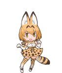  1girl animal_ears bare_shoulders belt blonde_hair bow bowtie cat_ears cat_girl cat_tail elbow_gloves extra_ears gloves highres kemono_friends looking_at_viewer official_art open_mouth serval_(kemono_friends) shirt shoes short_hair skirt sleeveless sleeveless_shirt socks solo tail thigh-highs transparent_background yellow_eyes yoshizaki_mine 