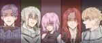  1girl 4boys angry armor bedivere_(fate) blonde_hair blue_eyes column_lineup commentary crosshatching english_commentary fate/grand_order fate_(series) frown gawain_(fate) green_eyes grey_hair hair_over_one_eye hair_tubes hatching_(texture) highres knights_of_the_round_table_(fate) kulissara-aung lancelot_(fate/grand_order) long_hair mash_kyrielight medium_hair multiple_boys pink_eyes pink_hair purple_hair redhead shaded_face tristan_(fate) twitter_username violet_eyes yellow_eyes 