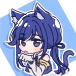  1girl akamirai animal_ears bangs bare_shoulders black_necktie blue_background blue_hair blush cat_day cat_ears cat_girl cat_tail chibi closed_mouth collared_shirt commentary_request elbow_gloves gloves hair_ribbon hand_up hayami_katsura looking_at_viewer low_ponytail necktie odaiba_girls_high_school_uniform ponytail ribbon school_uniform shirt sleeveless sleeveless_shirt solo tail tongue tongue_out two-tone_background violet_eyes white_background white_gloves white_shirt 