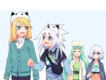  2boys 2girls alternate_costume animal_hat azuma_yukihiko blonde_hair blue_eyes cat_hat genis_sage green_hair grey_eyes grey_hair hat highres jewelry long_hair long_sleeves looking_at_another male_focus martel_(tales) medium_hair mithos_yggdrasill multiple_boys multiple_girls otoko_no_ko raine_sage ring tales_of_(series) tales_of_symphonia white_hair 