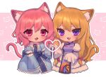  2girls animal_ears bangs blonde_hair blue_kimono blush cat_ears cat_tail dress fang frilled_kimono frills hair_between_eyes heart heart_hands heart_hands_duo highres japanese_clothes kimono long_hair multiple_girls open_mouth pink_eyes pink_hair qiu_ju saigyouji_yuyuko sleeve_garter sleeves_past_fingers sleeves_past_wrists smile tabard tail touhou violet_eyes white_dress wide_sleeves yakumo_yukari 