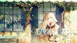  1girl 774_inc. :d animal_ears animare antlers arms_behind_back bangs belt blonde_hair blurry buttons capelet chair day deer_antlers deer_ears depth_of_field door falling_leaves flower frills green_eyes hanging_plant highres leaf long_hair looking_at_viewer open_mouth outdoors plant potted_plant restaurant shorts sign smile solo standing table tree tsukinoki_tirol vest virtual_youtuber wall_lamp white_flower white_shorts white_vest window yoggi_(stretchmen) 