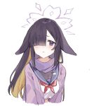  1girl :&lt; animal_ears ao_(mintz) black_hair blonde_hair blue_archive blue_sailor_collar cardigan closed_mouth colored_inner_hair crop_top hair_over_one_eye halo highres long_hair looking_at_viewer multicolored_hair neckerchief open_cardigan open_clothes purple_cardigan purple_scarf red_neckerchief sailor_collar scarf school_uniform serafuku simple_background solo tsukuyo_(blue_archive) upper_body violet_eyes white_background white_serafuku 