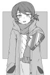  1girl absurdres aran_sweater bangs breath cable_knit coat commentary cowboy_shot fringe_trim gift girls_und_panzer giving greyscale highres holding holding_gift hood hood_down hooded_coat kawanishi_shinobu long_sleeves looking_at_viewer monochrome open_clothes open_coat open_mouth renshiu scarf short_hair short_ponytail skirt smile solo sweater swept_bangs valentine winter_uniform 