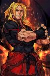  1boy belt biceps black_belt black_gloves black_shirt blonde_hair brown_eyes clothes_down covered_abs dougi fingerless_gloves fire gloves hankuri ken_masters long_hair male_focus muscular muscular_male pants parted_lips ponytail red_pants shadow shirt short_sleeves sidelocks smile solo sparks street_fighter taut_clothes taut_shirt 