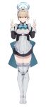  1girl absurdres apron bangs blue_archive blue_eyes breasts double_v frills full_body halo highres looking_at_viewer maid_apron maid_headdress mung_(larnec) neck_ribbon ribbon simple_background solo thigh-highs toki_(blue_archive) v white_background white_thighhighs 