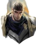  1boy armor bangs black_hair blue_eyes closed_mouth dopey_(dopq) facial_hair garen_(league_of_legends) highres league_of_legends male_focus scar scar_on_cheek scar_on_face scar_on_nose short_hair simple_background solo upper_body white_background 