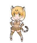  1girl animal_ears blonde_hair elbow_gloves extra_ears gloves highres kemono_friends leopard_(kemono_friends) leopard_ears leopard_girl leopard_tail looking_at_viewer necktie official_art shirt shoes short_hair skirt socks solo tail thigh-highs tongue transparent_background yellow_eyes yoshizaki_mine 