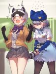 2girls animal_ears beret black_gloves black_pantyhose blue_bow blue_bowtie blue_headwear blue_skirt blue_sleeves blush bow bowtie center_frills commentary_request cowboy_shot crab-eating_raccoon_(kemono_friends) detached_sleeves elbow_gloves extra_ears frilled_skirt frills gloves grey_hair grey_skirt hat high-waist_skirt hikari_(kemono_friends) jacket japari_symbol kemono_friends kemono_friends_3 long_sleeves multicolored_hair multiple_girls open_clothes open_jacket open_mouth orange_eyes orange_jacket pantyhose pleated_skirt puffy_sleeves purple_bow purple_bowtie raccoon_ears raccoon_girl raccoon_tail safari_jacket shirt short_hair short_sleeves skirt sweatdrop t-shirt tadano_magu tail tail_grab two-tone_hair white_shirt 