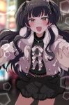  1girl absurdres bangs black_hair black_ribbon black_skirt blunt_bangs blurry blurry_background bow commentary_request earrings frilled_ribbon frilled_skirt frills fur-trimmed_jacket fur_trim hair_ornament hair_ribbon hair_spread_out happy heart heart_hair_ornament heart_necklace highres holding_hands idolmaster idolmaster_shiny_colors interlocked_fingers jacket jewelry lens_flare long_hair looking_at_viewer mayuzumi_fuyuko meiji_(meizi493) miniskirt necklace open_mouth outdoors outstretched_arms pov pov_hands ribbon skirt smile solo_focus sparkle two_side_up vending_machine very_long_hair white_bow white_fur white_jacket yellow_eyes 