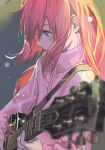 1girl blue_eyes bocchi_the_rock! electric_guitar gibson_les_paul gotou_hitori guitar hankuri holding holding_instrument instrument jacket long_hair long_sleeves music pink_hair pink_jacket playing_instrument profile solo track_jacket upper_body 