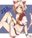  1girl :3 animal_ears arm_support bangs bell blush breasts cat_ears collar eyes_visible_through_hair feet_out_of_frame goutokuji_mike jingle_bell medium_breasts midriff navel neck_bell puffy_short_sleeves puffy_sleeves short_hair short_sleeves simple_background sitting solo swept_bangs touhou two-tone_background unkmochi 