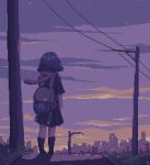  1girl backpack bag black_hair celestialz clouds facing_away original pixel_art power_lines purple_theme road scarf short_hair skirt skyline walking 
