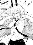  1girl absurdres alternate_costume blonde_hair blood blood_splatter breasts button_gap chainsaw_man demon_girl demon_horns fqnrxj greyscale highres horns jacket long_hair looking_at_viewer medium_breasts midriff_peek monochrome navel necktie open_clothes open_jacket open_mouth patch pochita_(chainsaw_man) pointing pointing_at_self power_(chainsaw_man) sharp_teeth sleeves_rolled_up smile teeth thumbs_down 