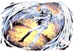  1boy accelerator_(toaru_majutsu_no_index) albino ambiguous_gender androgynous angel angel_wings bangs closed_mouth clouds diagonal_stripes feathered_wings feathers floating forest from_side full_body fur-trimmed_jacket fur_trim head_tilt highres hopetrash555 jacket light_smile messy_hair nature official_alternate_costume outstretched_arms pale_skin pants red_eyes sanpaku shadow short_hair signature snow solo solo_focus striped sunlight sunset toaru_majutsu_no_index white_footwear white_hair white_jacket white_pants white_wings wide_shot wings yellow_background 