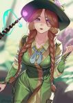  1girl absurdres blue_eyes blurry blurry_background braid breasts commentary_request dress green_dress green_headwear hat highres hogwarts_legacy kagematsuri long_hair long_sleeves looking_at_viewer medium_breasts mirabel_garlick parted_lips pov redhead solo twin_braids twintails twitter_username wand witch_hat 