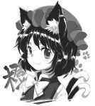  1girl :3 animal_ear_fluff animal_ears bangs bow bowtie cat_ears cat_tail chen closed_mouth cropped_torso earrings hat highres jewelry mimi_(ikrptppt) mob_cap monochrome multiple_tails nekomata short_hair simple_background single_earring smile solo tail touhou two_tails upper_body white_background 