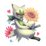  :3 absurdres closed_mouth commentary_request floragato flower full_body heart highres ka_ki_o petals pink_eyes pokemon pokemon_(creature) smile solo sunflower white_background 