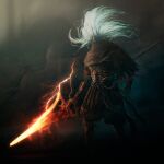  1boy absurdres armor brown_cloak cloak covered_face covered_mouth crown elden_ring glowing glowing_weapon highres holding holding_polearm holding_weapon hollow_eyes lightning long_hair martinleborgne nameless_king polearm red_lightning solo spear weapon white_hair 