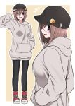  1girl :d absurdres badge baseball_cap black_headwear border breasts brown_hair button_badge converse full_body grey_hoodie hair_between_eyes hand_in_pocket hand_on_headwear hat headwear_writing highres hood hoodie ikari_manatsu kamihira_mao large_breasts leggings light_smile looking_at_viewer medium_hair multiple_views notice_lines original outline outside_border profile round_teeth shoes simple_background smile sneakers teeth two-tone_background upper_body upper_teeth_only white_border 