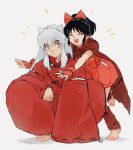 1boy 1girl animal_ears bangs barefoot black_hair bow cape closed_eyes dog_ears father_and_daughter full_body hair_bow han&#039;you_no_yashahime highres hug hug_from_behind inuyasha inuyasha_(character) japanese_clothes jewelry kimono long_hair long_sleeves moroha necklace open_mouth ponytail red_bow red_kimono sidelocks squatting white_background white_hair wide_sleeves yellow_eyes zuchi_wan 