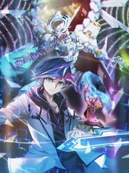  1boy ai_(yu-gi-oh!) alternate_costume blue_hair cowboy_hat dragon duel_disk firewall_dragon fujiki_yuusaku green_eyes hat hood hood_down jacket looking_at_viewer male_focus motion_lines open_clothes open_jacket pink_hair smile spiky_hair tsuezu yu-gi-oh! yu-gi-oh!_vrains 