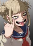  1girl 4shi akanbe bags_under_eyes bangs blonde_hair blue_sailor_collar blunt_bangs boku_no_hero_academia collarbone double_bun fangs fingernails grey_background hair_bun highres messy_hair neckerchief open_mouth red_neckerchief sailor_collar saliva school_uniform serafuku sidelocks slit_pupils solo toga_himiko tongue tongue_out yellow_eyes 