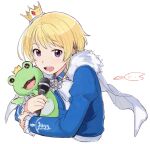  1boy blonde_hair blue_jacket cape crown fur-trimmed_cape fur_trim harukawa_(aonori1022) holding holding_microphone idolmaster idolmaster_side-m jacket kaerre long_sleeves looking_at_viewer male_focus microphone mini_crown open_mouth pierre_bichelberger smile solo stuffed_animal stuffed_frog stuffed_toy violet_eyes white_background white_cape 