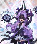  1girl arm_up bangs bare_shoulders black_dress blindfold breasts commentary cowboy_shot dress elbow_gloves flower gloves horns league_of_legends long_hair lower_teeth_only multicolored_background multicolored_clothes multicolored_dress open_mouth phantom_ix_row pink_hair purple_flower purple_gloves small_breasts solo symbol-only_commentary syndra teeth thigh-highs tongue white_dress withered_rose_syndra 