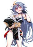  1girl absurdres bangs black_hair breasts chinese_clothes choker cowboy_shot fangs finger_in_own_mouth fu_hua fu_hua_(herrscher_of_sentience) grey_hair hair_between_eyes hair_censor hair_ornament highres honkai_(series) honkai_impact_3rd jo_an long_hair looking_at_viewer open_mouth red_eyes simple_background small_breasts solo teeth thigh_gap very_long_hair white_background 