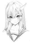  1girl bangs closed_mouth collarbone copyright_request expressionless grey_background greyscale h2o_(ddks2923) highres horns long_hair monochrome portrait scar scar_across_eye simple_background single_horn solo 