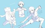  1boy ahoge blue_background greyscale_with_colored_background harukawa_(aonori1022) idolmaster idolmaster_side-m jacket long_sleeves male_focus pierre_bichelberger short_hair shorts sketch socks solo stretching translation_request 