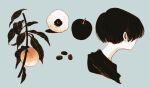  1girl apple bangs coffee_beans earrings facing_away food from_side fruit grey_background high_contrast highres jewelry ka_(marukogedago) leaf monochrome original peach portrait shirt short_hair simple_background solo 