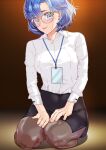  absurdres alternate_costume arion_canvas bishoujo_senshi_sailor_moon blue_eyes blue_hair collared_shirt dress_shirt earrings glasses highres jewelry lips miniskirt mizuno_ami shirt short_hair skirt smile stud_earrings white_shirt 