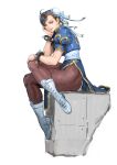  1girl boots bracelet capcom china_dress chinese_clothes chun-li crossed_legs dress hair_ribbon highres jewelry looking_at_viewer muscular muscular_female pantyhose ribbon sitting solo spiked_bracelet spikes street_fighter street_fighter_ii_(series) thighs white_footwear yasuda_akira 